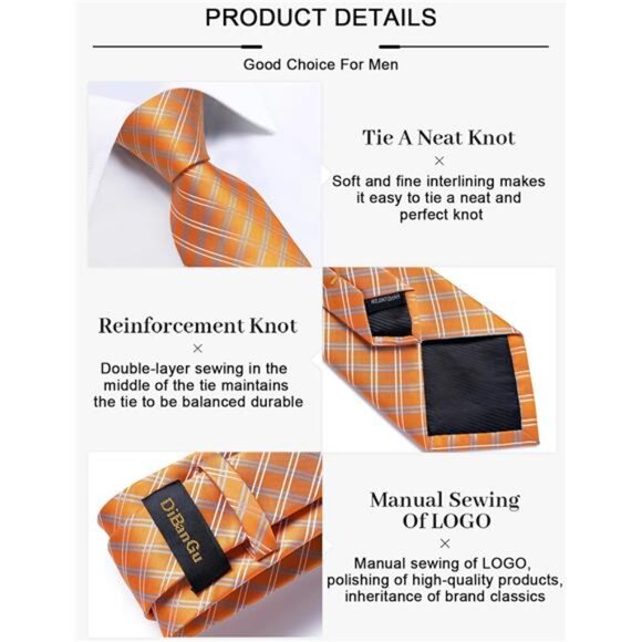 Plaid Ties for Men Silk Checkered Necktie and Pocket Square Cufflinks Tie Clip - Picture 5 of 7